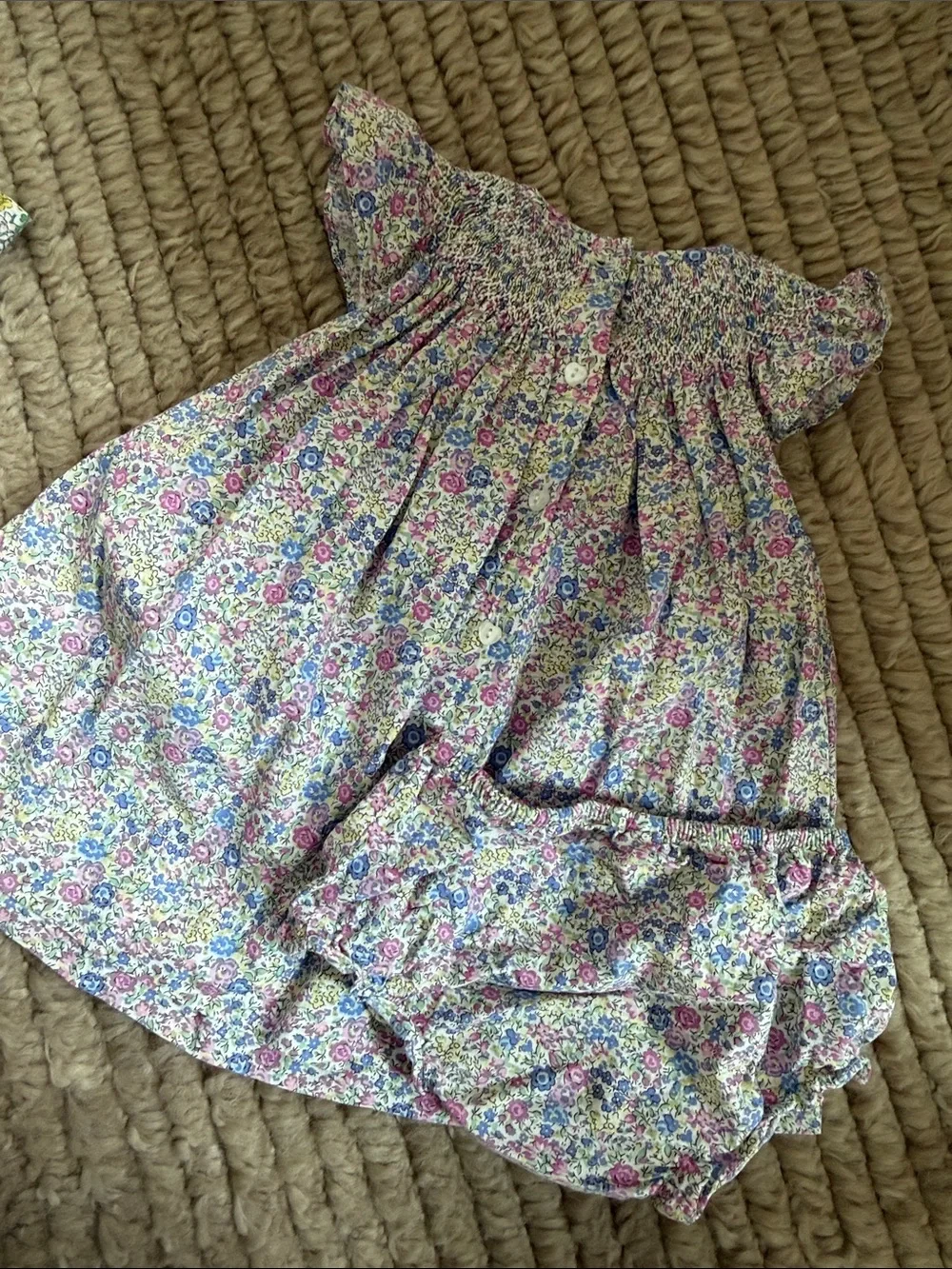 Blue & Pink Floral Smocked Girls' Formal Dress with Bloomers